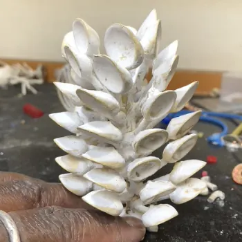 White wax tree of petal-shaped models held in hand